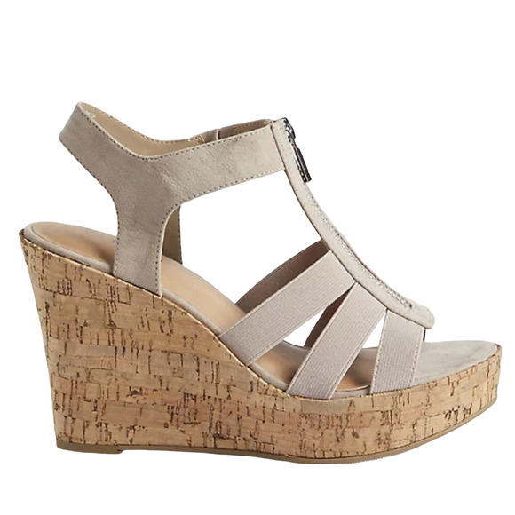 Torrid NWT Stretch Front Zip Wedge Faux Suede Taupe Size 11.5 WW Espadrille - Picture 3 of 7